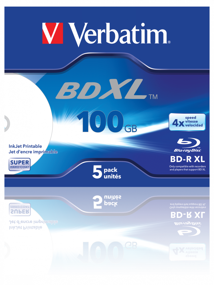 BD-R XL 100GB 4x, z moliwoci wykonywania szerokich nadrukw na drukarce atramentowej, zestaw 5 szt. w opakowaniu plastikowym