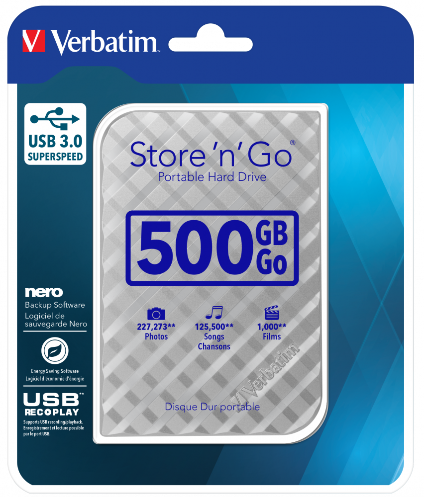 Portables Festplattenlaufwerk Store 'n' Go USB 3.0, 500 GB, Silber