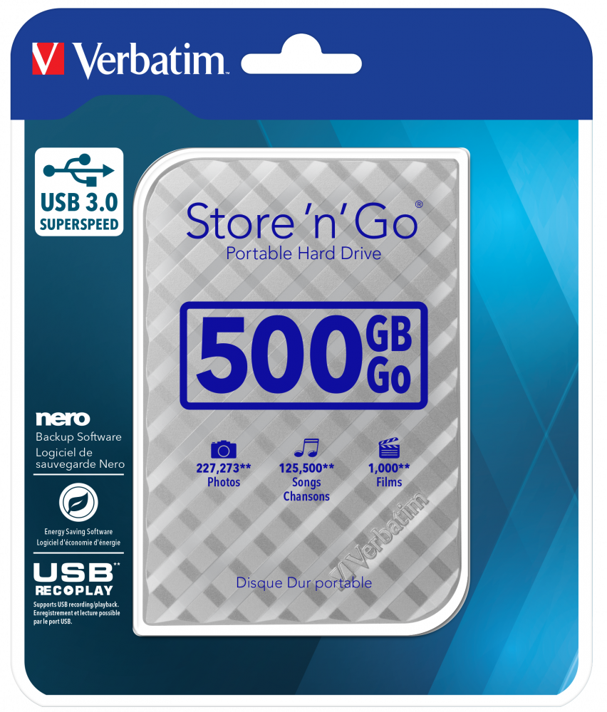 Portables Festplattenlaufwerk Store 'n' Go USB 3.0, 500GB, Silber