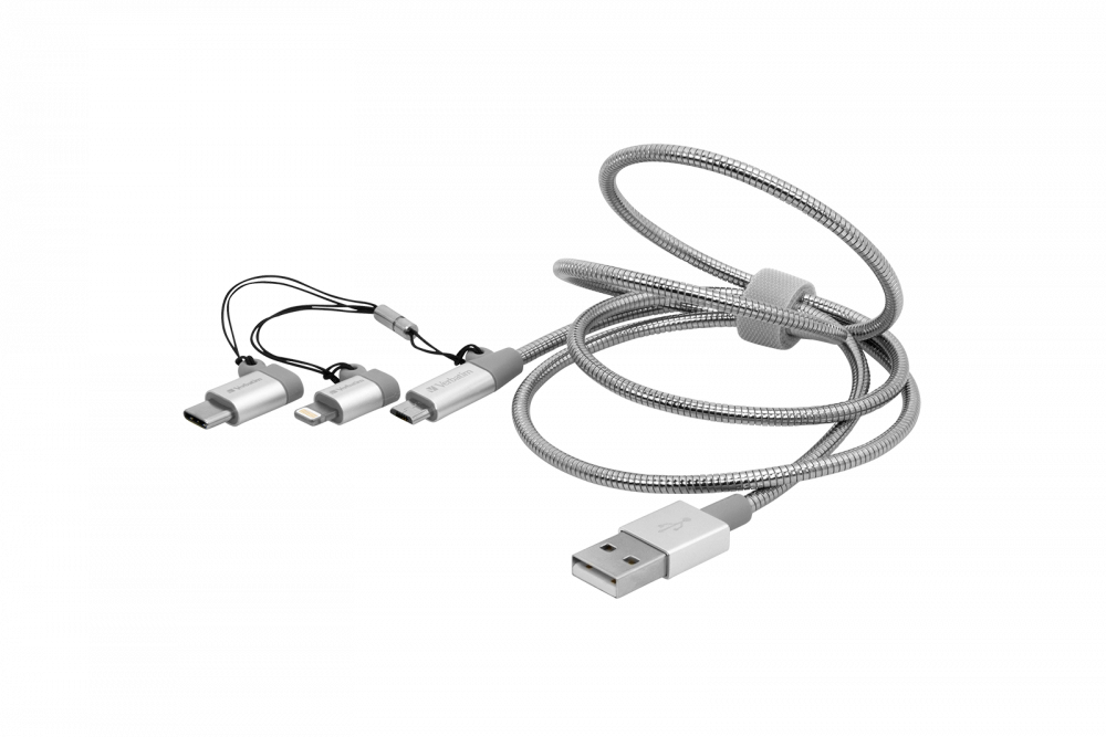 Cable de carga y sincronizacin de acero inoxidable 3 en 1 USB-C/Lightning/USB Micro B - 100 cm