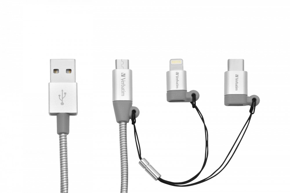 3-in-1 USB-C / Lightning / Micro-B-USB Sync- und Ladekabel aus Edelstahl – 100 cm