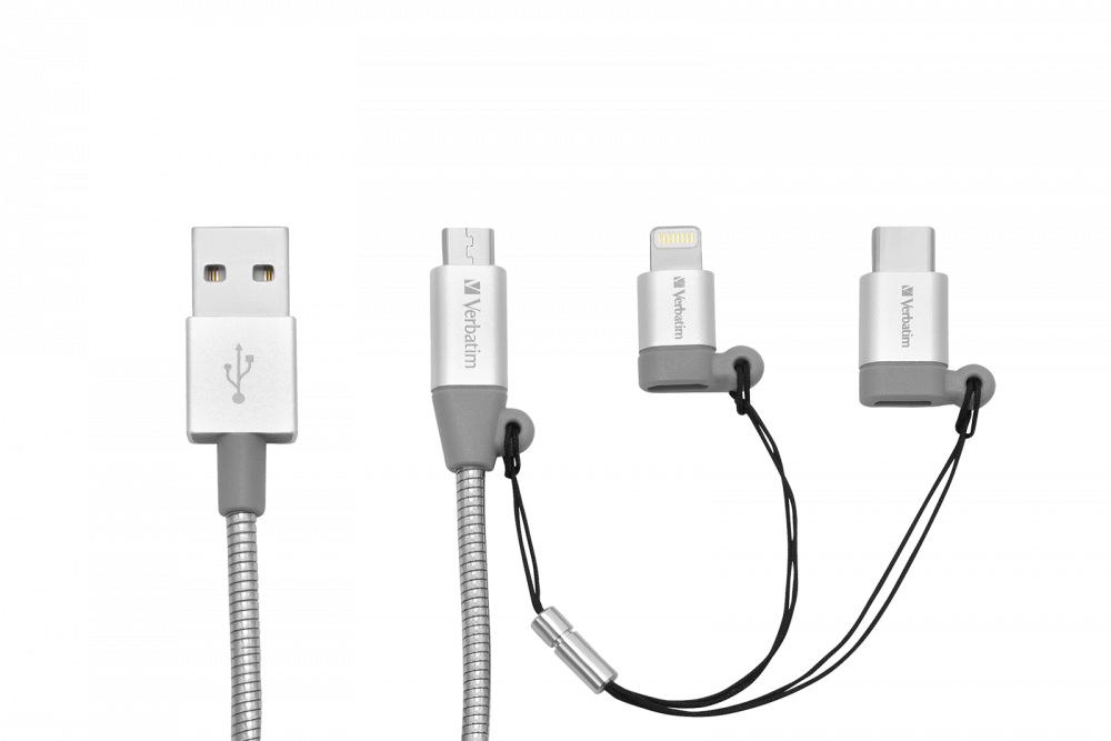 Cable de carga y sincronizacin de acero inoxidable 3 en 1 USB-C/Lightning/USB Micro B - 100 cm