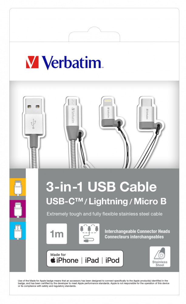 Cable de carga y sincronización de acero inoxidable 3 en 1 USB-C/Lightning/USB Micro B - 100 cm