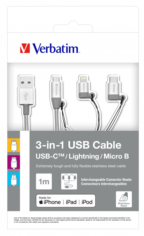 Cable de carga y sincronizacin de acero inoxidable 3 en 1 USB-C/Lightning/USB Micro B - 100 cm