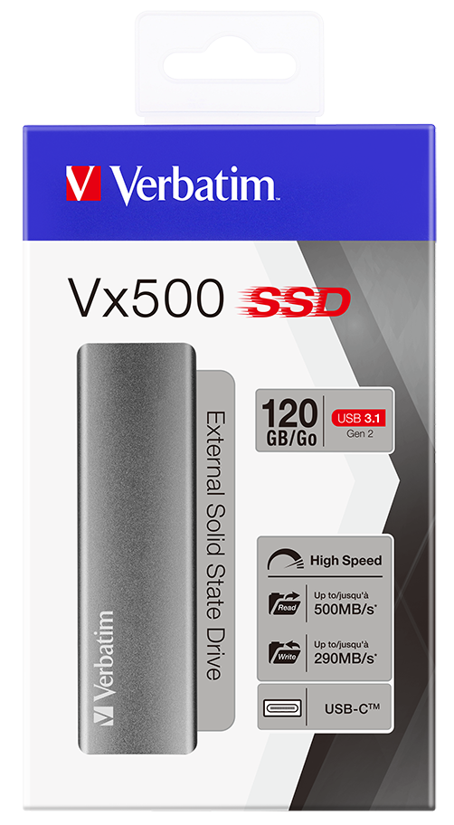 120 GB, USB Tipo C, 3.1 , 500 MB/s, Plata Unidades externas de Estado sólido Verbatim Vx500 120 GB Plata 3.1 Gen 2