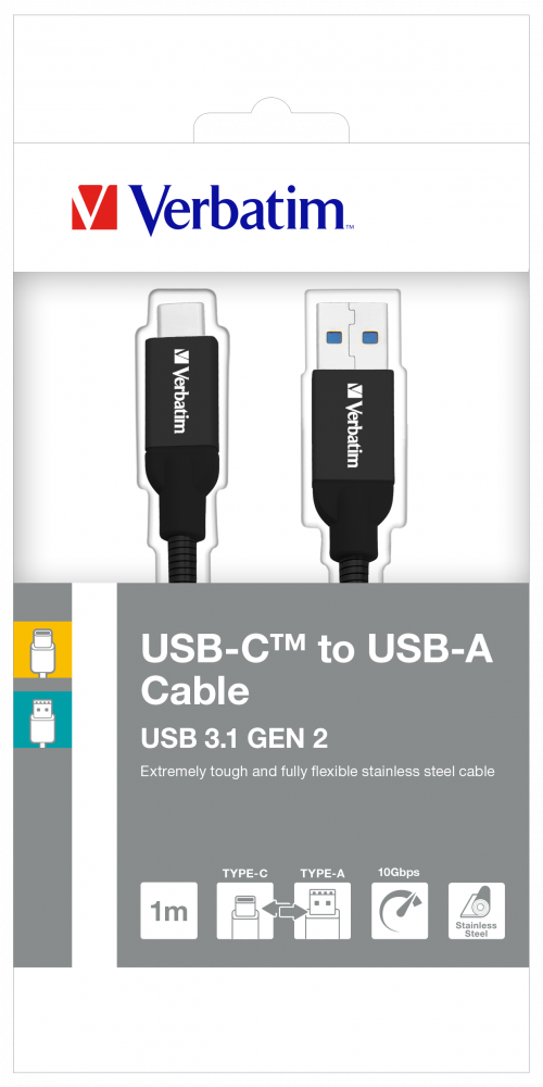 Verbatim USB-C auf USB-A Edelstahl-Synchr.- und Ladekabel USB 3.1 GEN 2 100 cm Schwarz