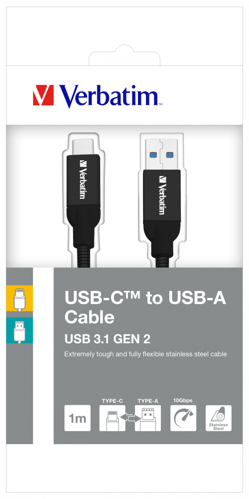 Verbatim USB-C to USB-A Stainless Steel Sync & Charge Cable USB 3.1 GEN 2 100cm Black
