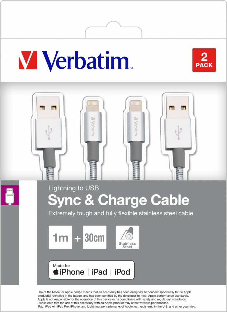 Pack de 2 câbles Verbatim de synchronisation et de rechargement Lightning vers USB en acier inoxydable, 100 cm et 30 cm, argent