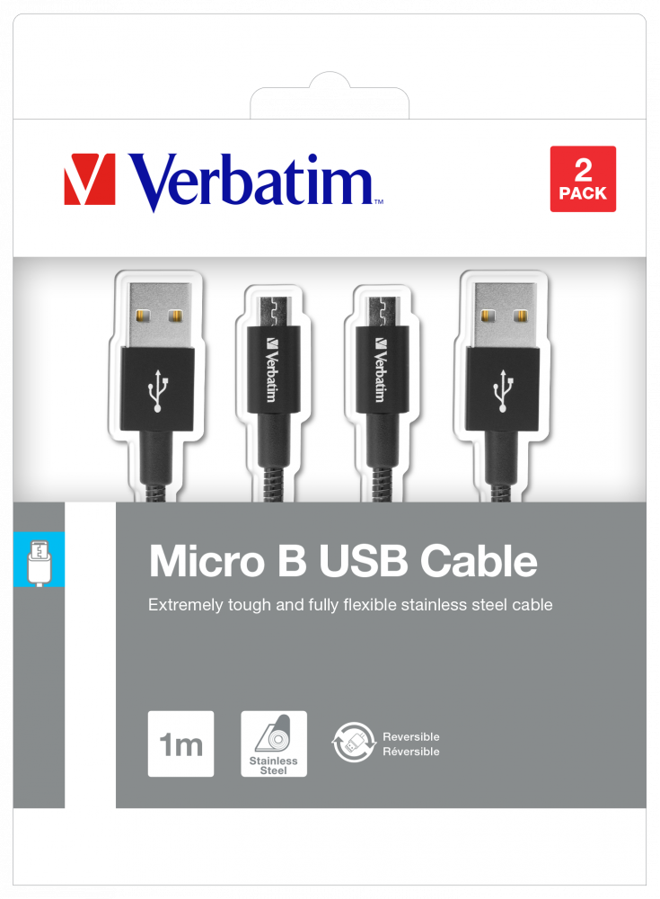 Verbatim micro-USB-kabel för synkronisering och laddning, 100 cm, svart, 2-pack