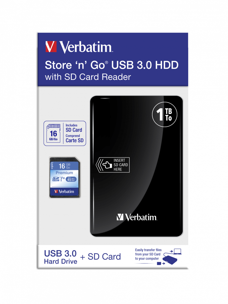Store 'n' Go USB 3.0-harde schijf met SD-kaartlezer - 1 TB + 16GB*-SD-kaart