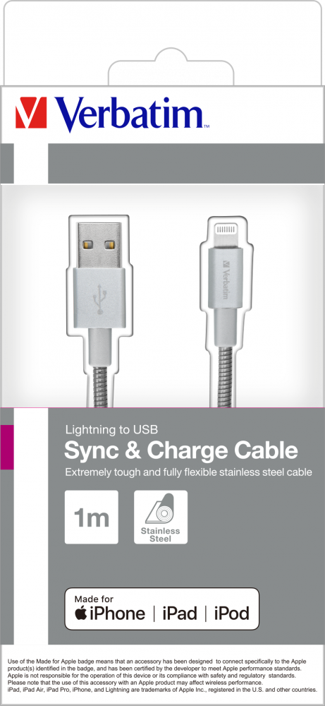 Verbatim Lightning Stainless Steel Sync & Charge Cable 100cm Silver