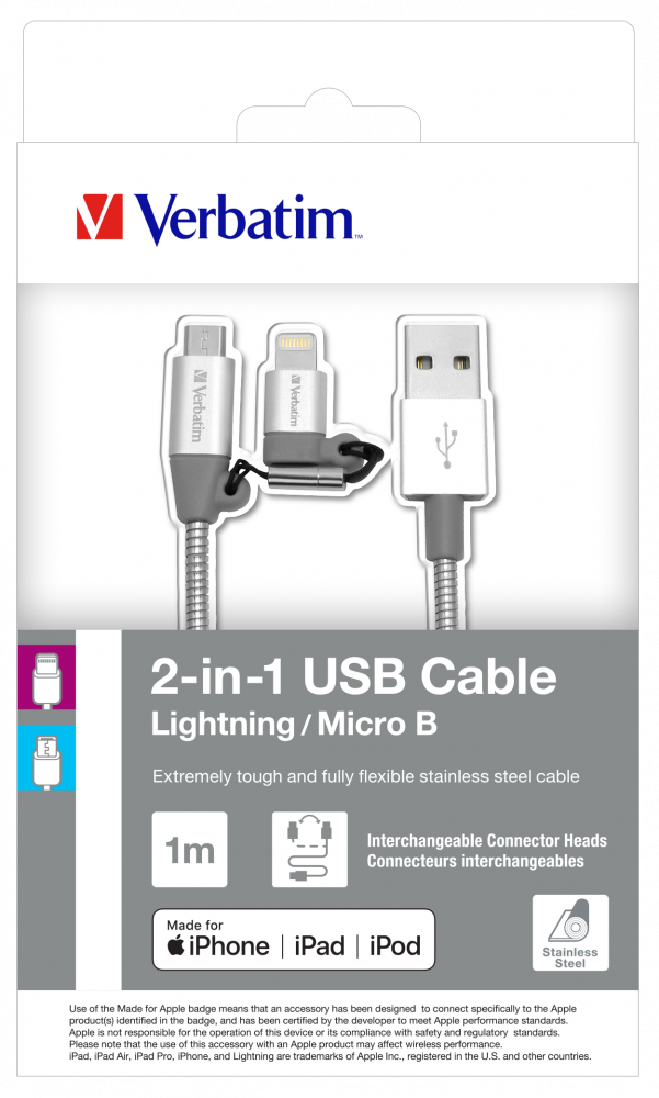 2-in-1 Lightning + Micro B USB Stainless Steel Sync & Charge Cable - 100cm