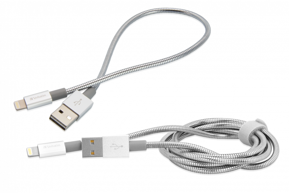 Verbatim lightning-kabel för USB-anslutning i rostfritt stål för synkronisering och laddning, 100 cm och 30 cm, silver, 2-pack