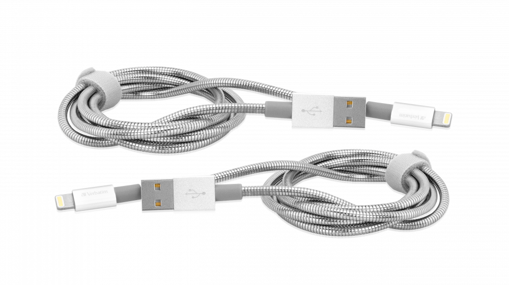 Balení dvou synchronizačních a nabíjecích kabelů Verbatim z nerezové oceli s konektorem Lightning na USB, 100 cm, stříbrné