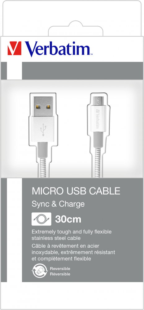 Кабель Verbatim с разъемом micro-USB для синхронизации и подзарядки, 30см, серебристый