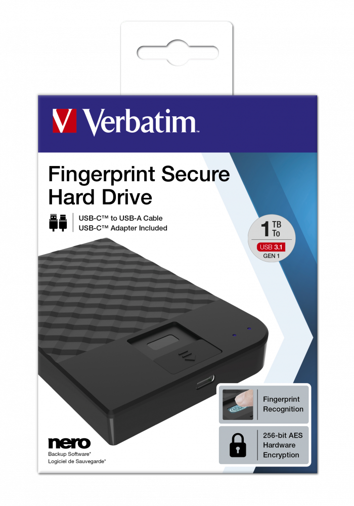 Fingeraftryk-sikret bærbar harddisk 1 TB