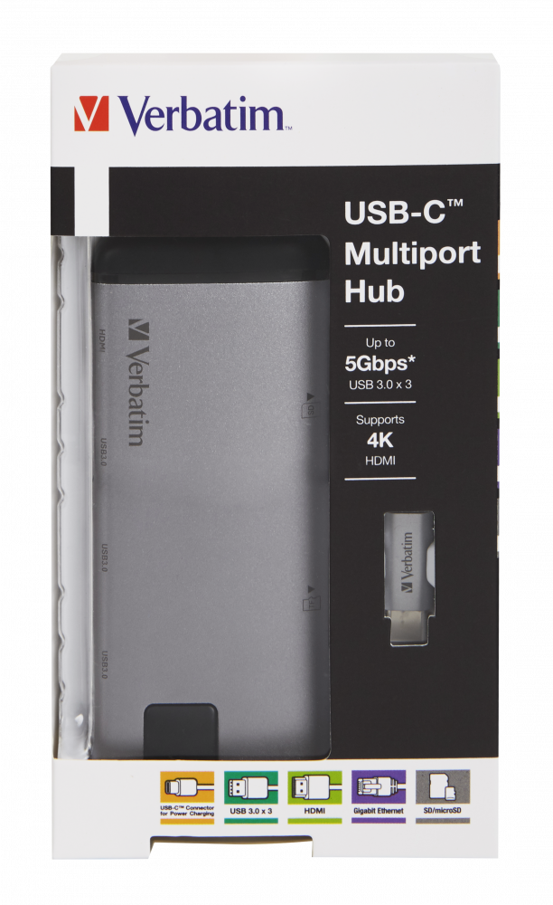 Многопортовый разветвитель Verbatim USB-C™ – USB 3.0 | HDMI | Gigabit Ethernet | SD/microSD