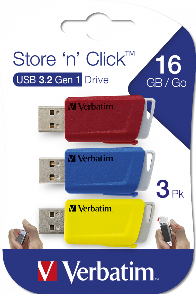 3 unidades USB Store 'n' Click 16GB* Rojo / Azul / Amarillo