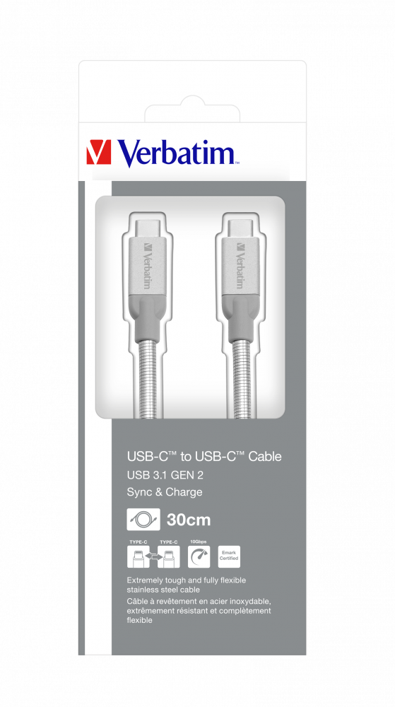Verbatim USB-C til USB-C kabel i rustfrit stål til opladning og synkronisering USB 3.1 GEN 2 30 cm