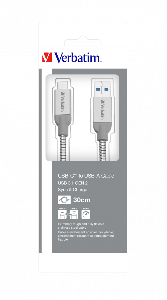 Câble de synchronisation et de charge USB-C à USB-A USB 3.1 GÉN 2 de Verbatim en acier inoxydable de 30 cm