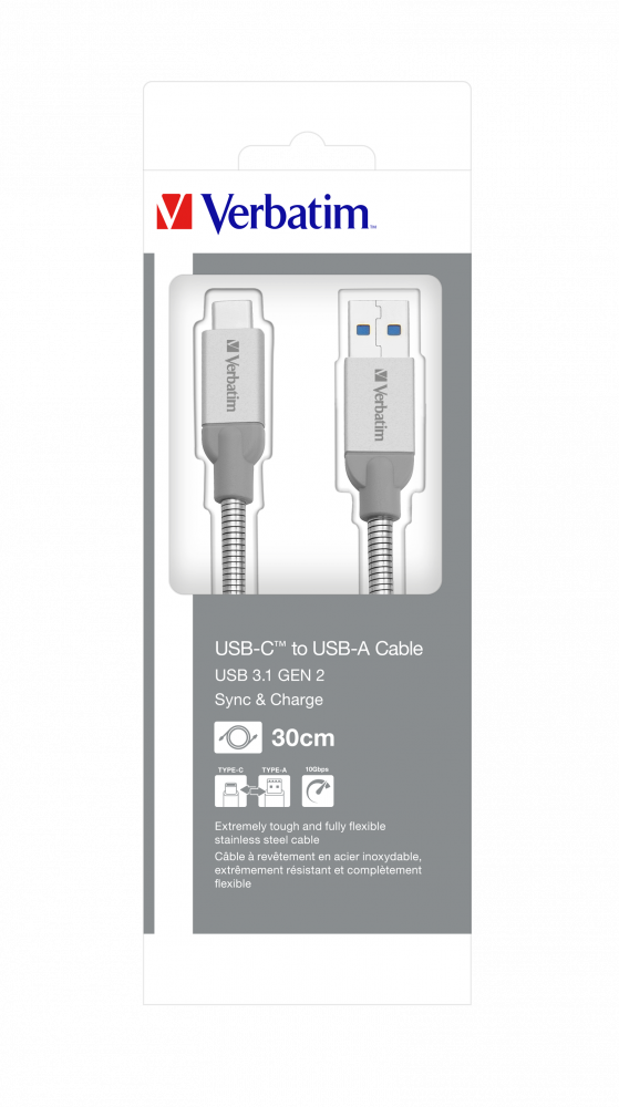 Verbatim roestvrij stalen sync- & oplaadkabel USB-C naar USB-A USB3.1 gen2 30cm