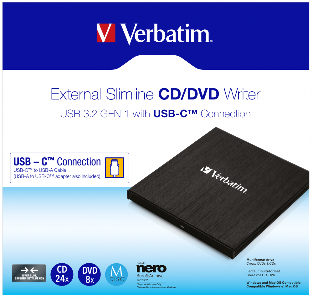 Компактный внешний пишущий привод CD/DVD с разъемом USB-C