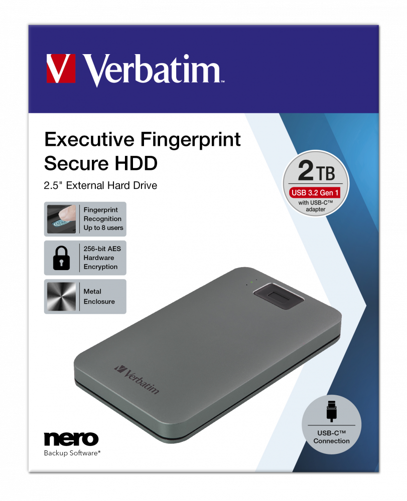 Executive Fingerprint Secure Portable Festplatte USB 3.2 Gen 1 / USB-C 2TB