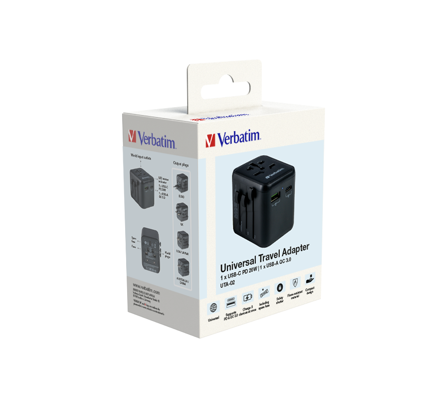 UTA-02 Universele reisadapter met 1 x USB-C PD 20 W / 1 x USB-A QC 3.0