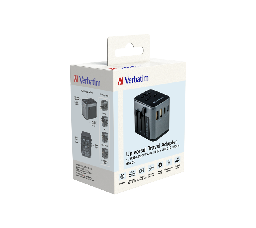 UTA-03 Universal-Reiseadapter mit 1 USB-C-Anschluss PD 30 W und QC 3.0 / 2 USB-C- / 2 USB-A-Anschlssen