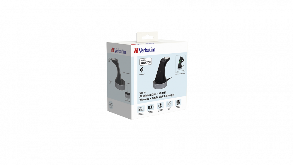 Verbatim WCS-01 Aluminium 2-in-1-Ladegert fr drahtloses Qi-Laden MFi-Standard + Apple Watch