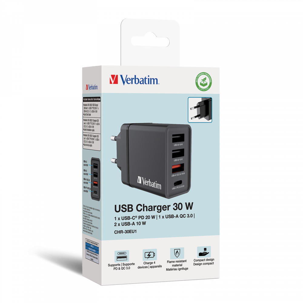 Zidni punja s 4 USB prikljuka CHR-30EU1 30 W - crni