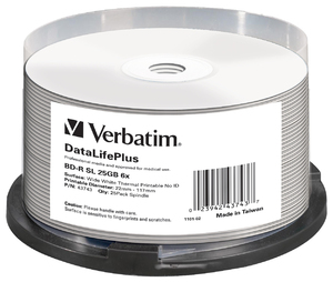 BD‑R 25GB 6x Wide White Thermal Printable 25 Pack Spindle ‑ No ID Brand