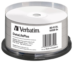 BD‑R 50GB 6x Wide White Thermal Printable 25 Pack Spindle ‑ No ID Brand