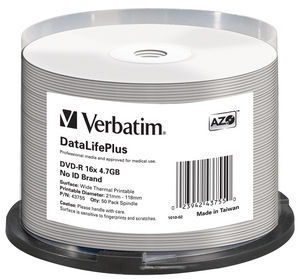 DVD‑R 16x DataLifePlus Wide Thermal Printable 50pk Spindle ‑ No ID Brand