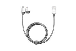 Câble en acier inoxydable 2‑en‑1 de synchronisation et de charge Lightning + Micro B USB